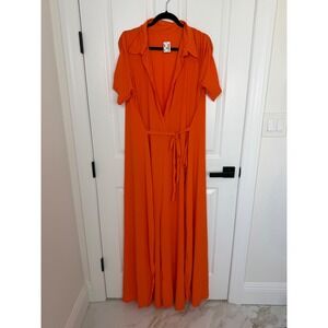 Orange Wrap Maxi Dress Short Sleeve Collared Tie Waist Size L